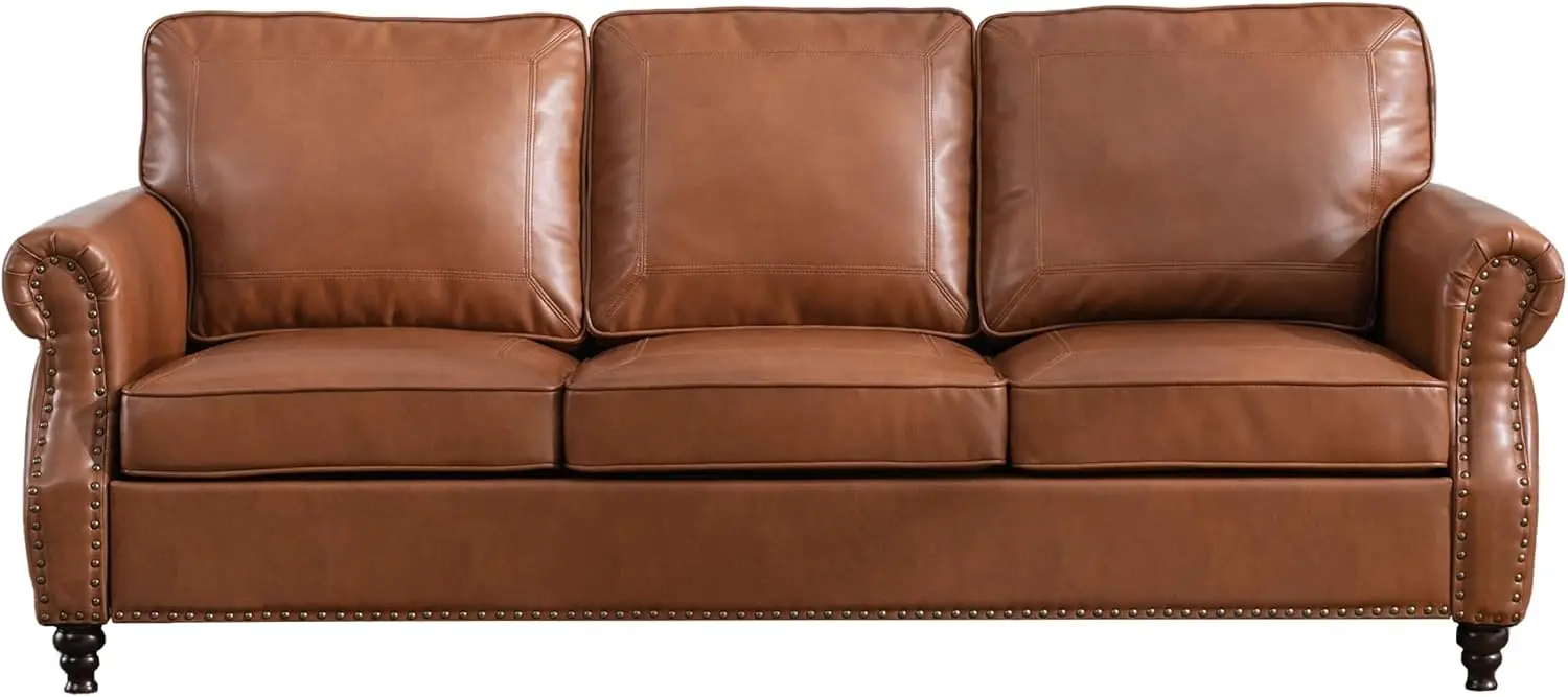 79'' Traditional Faux Leather Sofa,3 Seater Leather Couch w/ Nailhead Trim & Rolled Arm,Classic Couches for Living Room, Bedroom