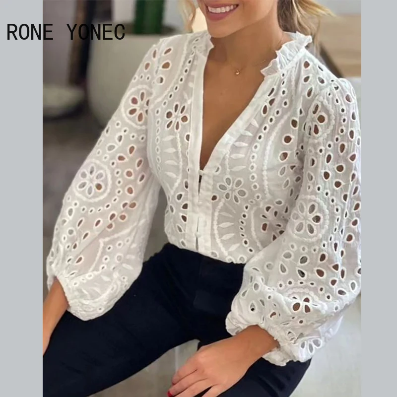 Women Chic Deep V Neck Long Sleeves Hook Flower Hollow White Blouse Tops