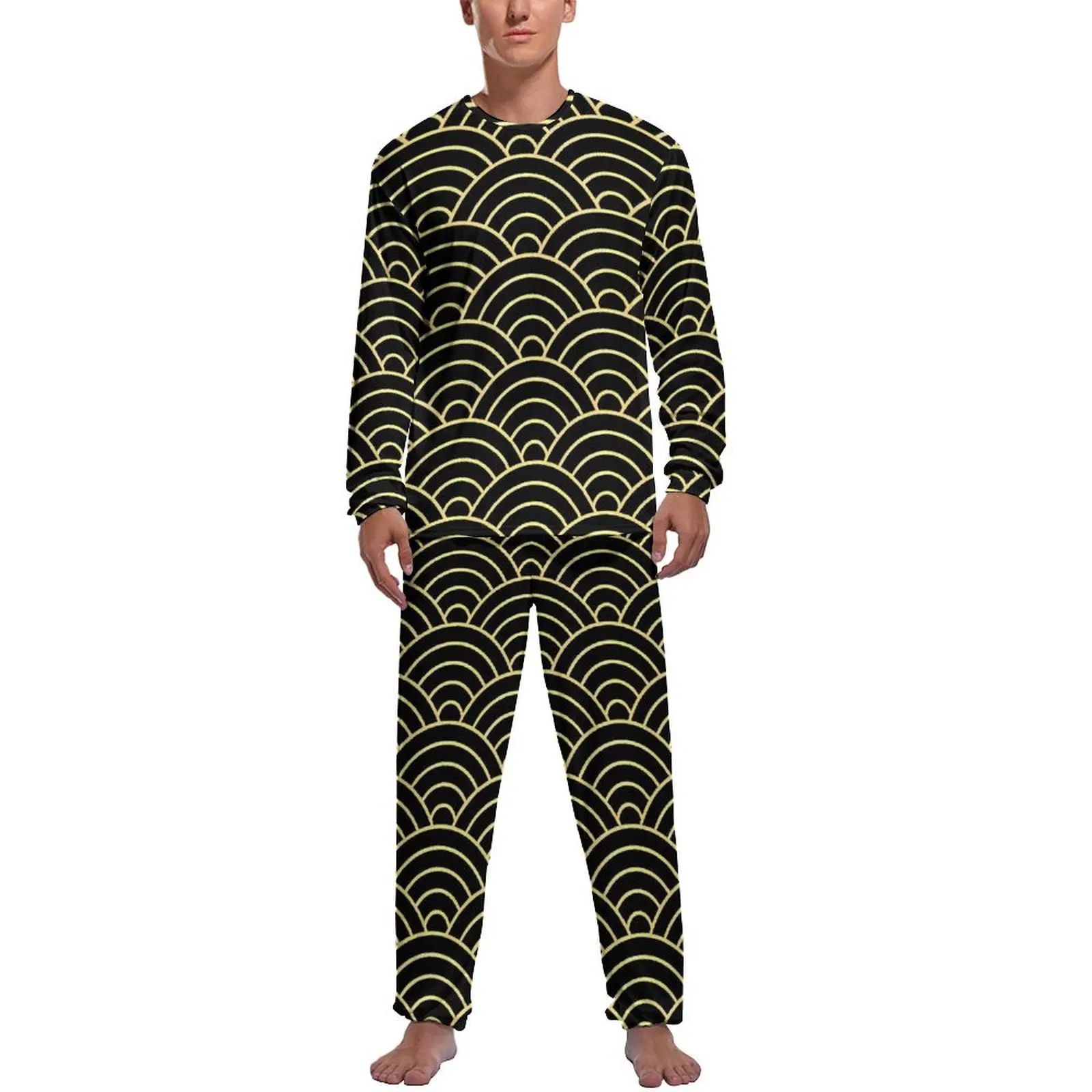 Japanese Seigaiha Waves Pajamas Winter 2 Piece  Elegant Pajama Sets Mens Long-Sleeve Bedroom Graphic Sleepwear