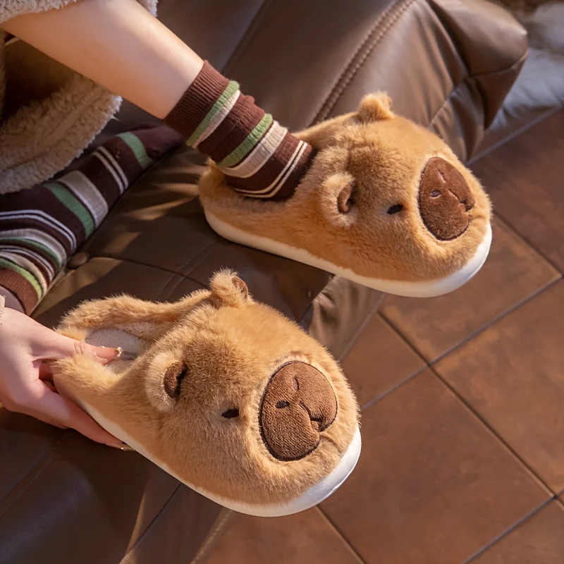 شبشب قطيفة للجنسين من ECAC - أحذية منزلية داخلية/خارجية غير قابلة للانزلاق مع وجه دب لطيف، أحذية شتوية دافئة ناعمة، هدايا العيد