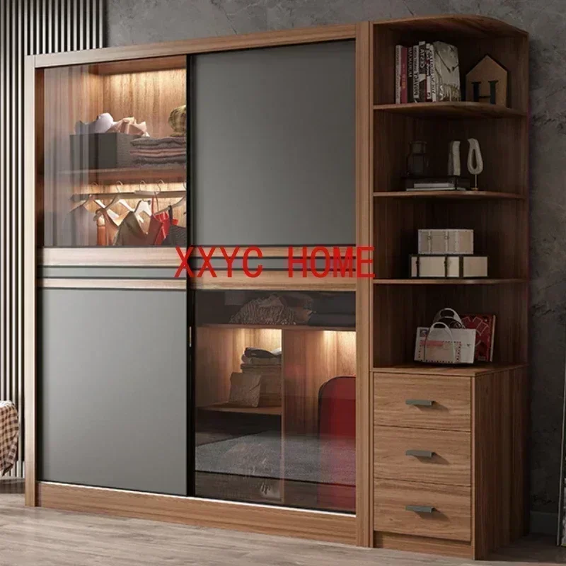

Simple Modern Organizer Wardrobe Clothes Wooden Bedroom Nordic Wardrobe Glass Sliding Door Hanger Rail Ropero Household Items
