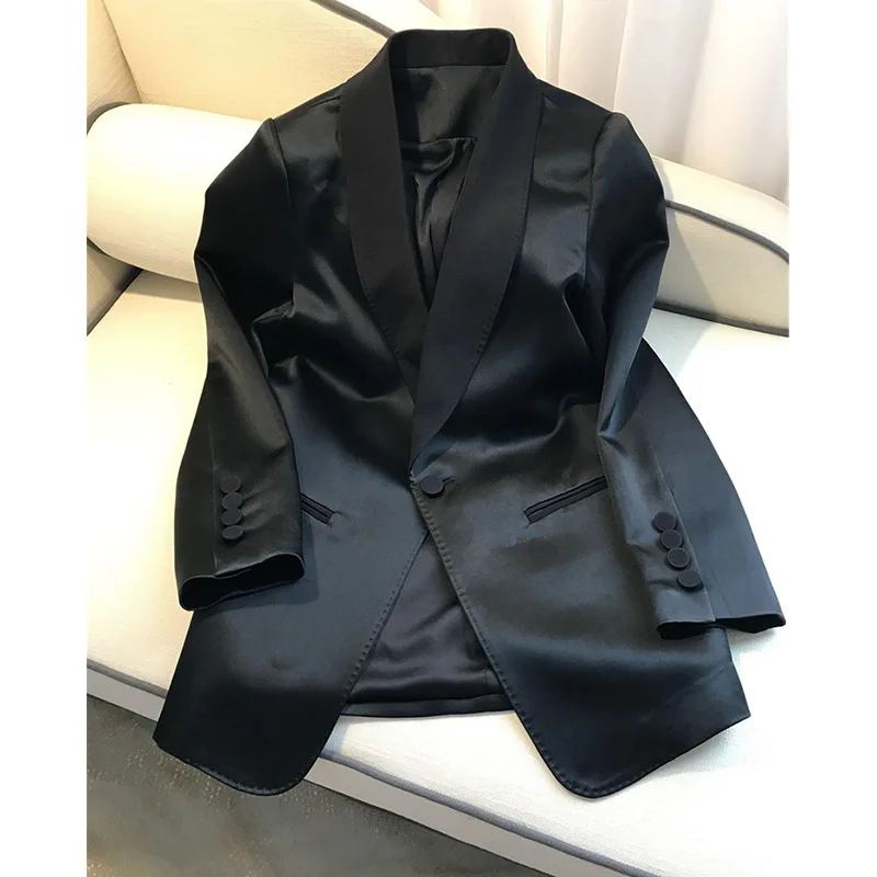 Acetate Shawl Collar Suits Women Office Business Tops Jacket For Spring Summer High-end Black White Medium Long Satin Blazers