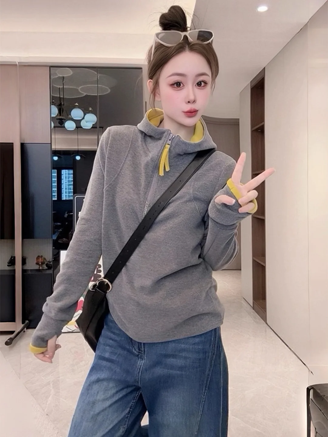 

American Color Block Hoodie Women's Autumn Winter New Style Lazy Slim Fit Half Zipper Velvet Inner Wear T-Shirt Casual Street...
