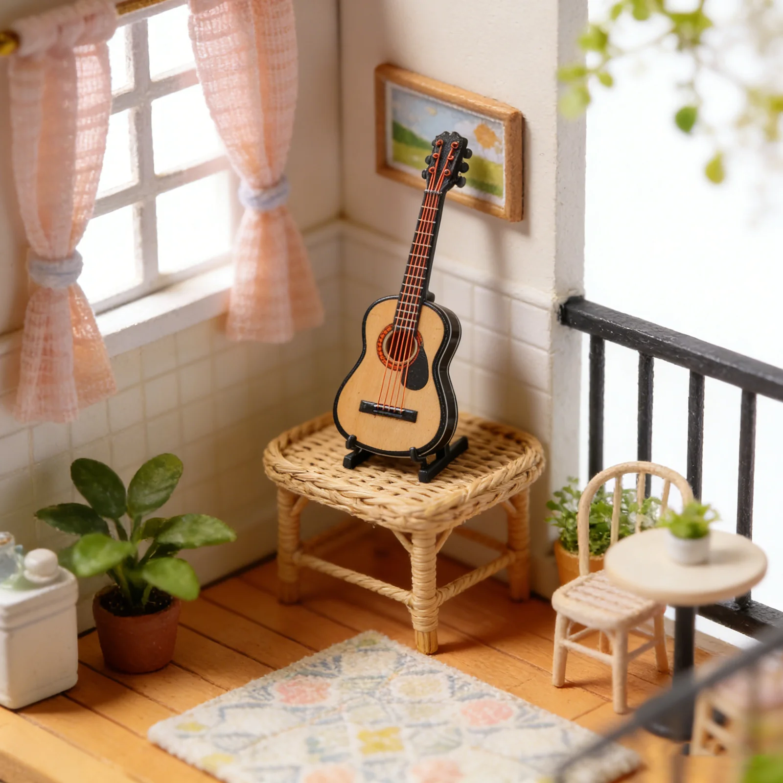 Miniature Guitar Realistic Wooden Mini Acoustic Bass Instruments Decor Dollhouse Musical Instruments Miniature For Shelf