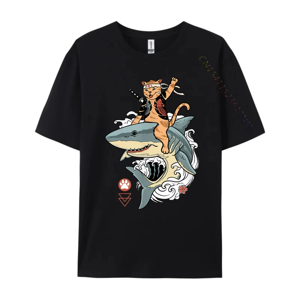 

Bushi Cat Riding A Fish Cat Fighter With Japanese Katana Graphic T Shirt 100% Cotton Summer Clothing Breathable Tees
