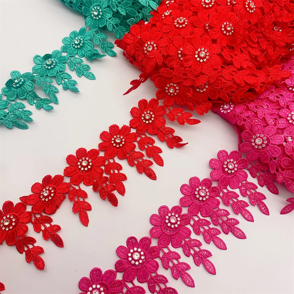 9yards Many Colors African Lace Trim with Rhinestone Embroidered Nigeria Venice Wide 7CM