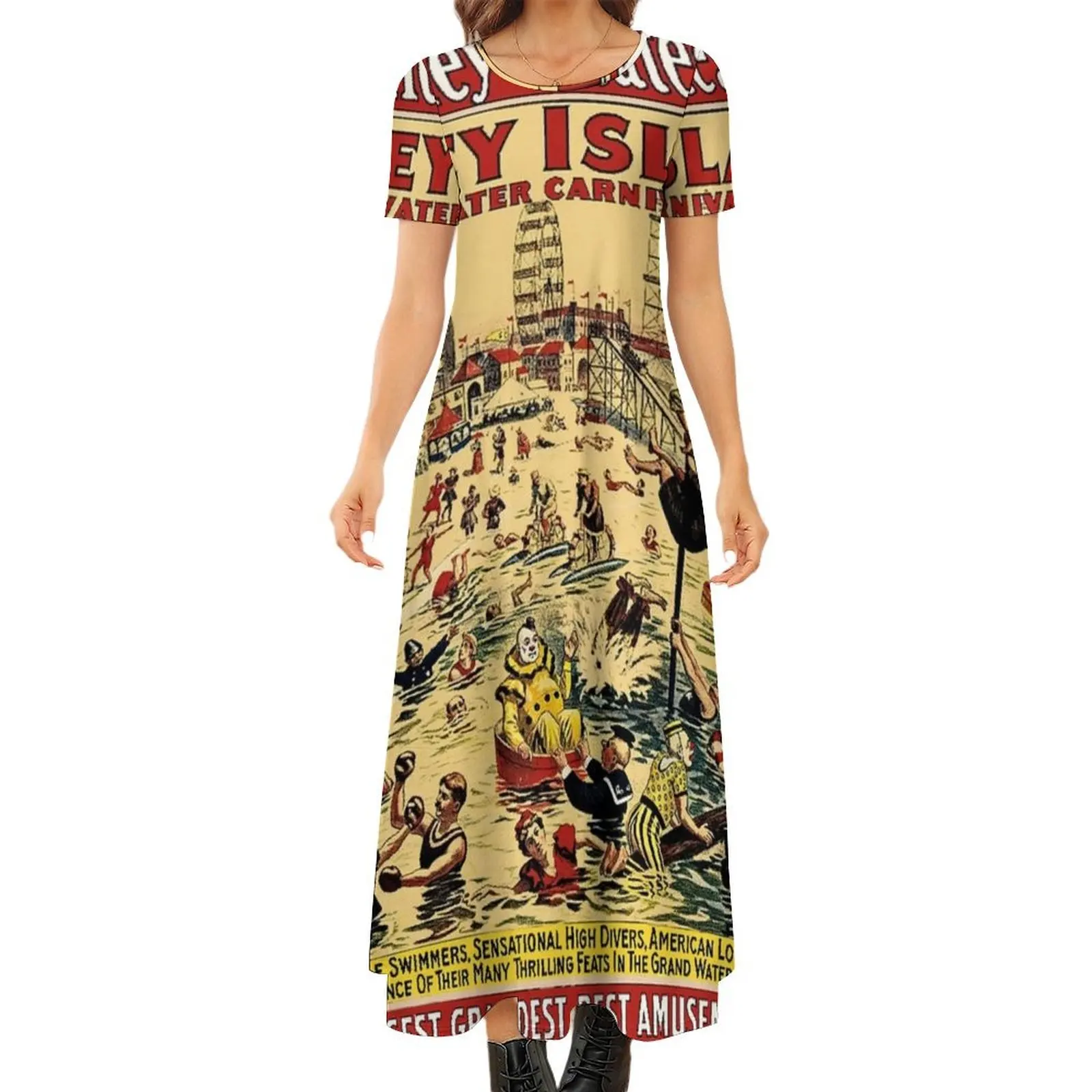 

Coney Island Water Carnival Circus Vintage Poster Round Neck Short Sleeve Dress Female dress Woman"s evening dress