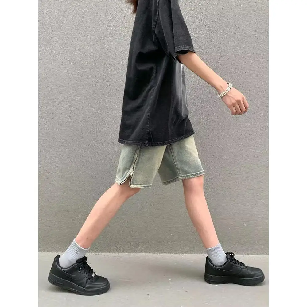 

Летние тонкие модные свободные мужские джинсовые орты с пятью точками, повседневные, со средней талией, полиэстер, смесь хлопка, прямые ноги, застежка-молния