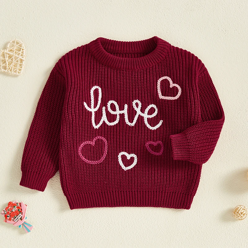 Toddler Baby Valentine s Day Sweaters Letter Heart Embroidery Long Sleeve Round Neck Knit Pullover