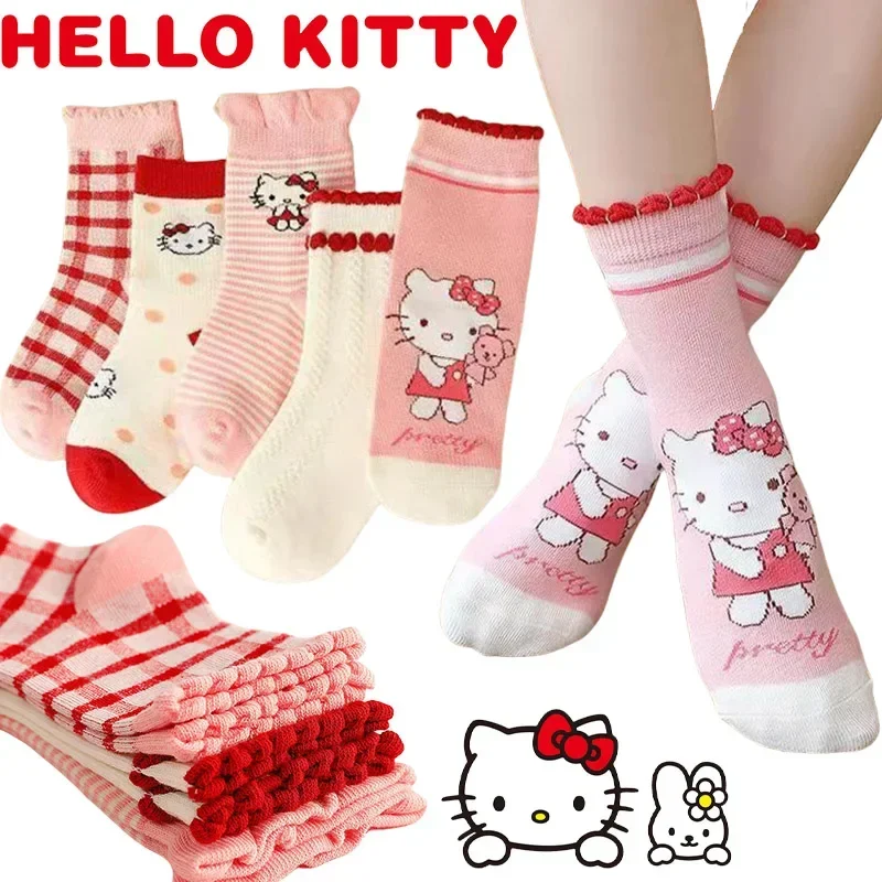 5Pairs Sanrio Hello Kitty Kids Socks Girls Autumn and Winter Cotton Socks Cute Cartoon Pattern for Children Clothing Accessories
