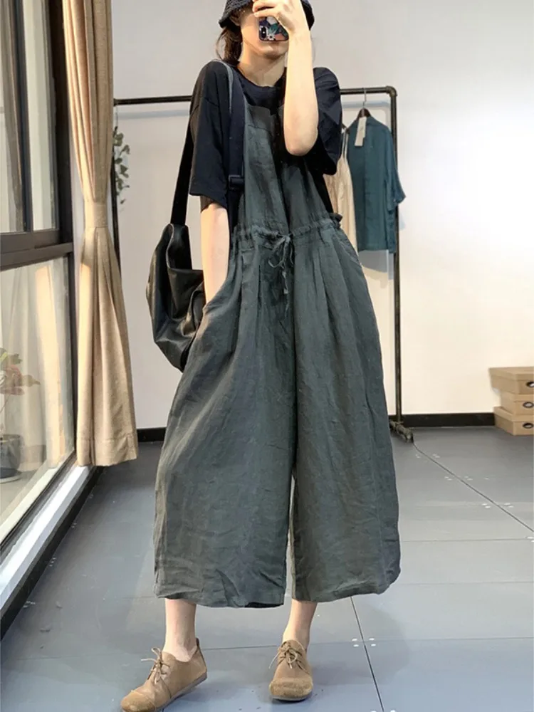 

Retro Japanese Sle Loose Workwear Overalls Women's Summer Wide Leg Pants High Waist Belted Slimming Trendy One-Piece