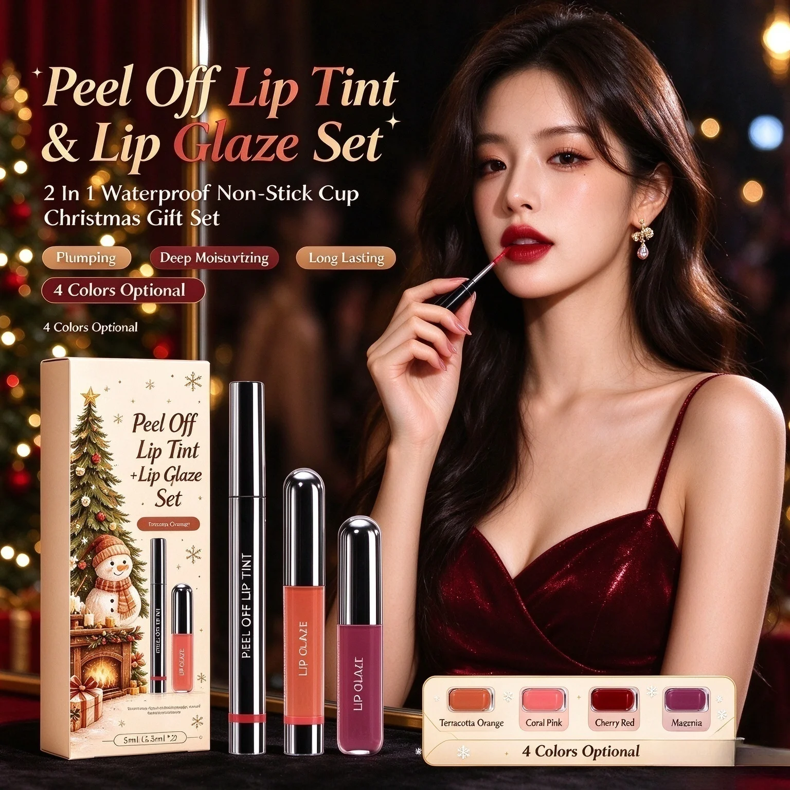 2 In 1 Peel Off Lip Tint Lip Glaze Set Waterproof Smudge-proof Non-stick Cup Plumping Tattoo Lip Stain Christmas Lip Gift Set