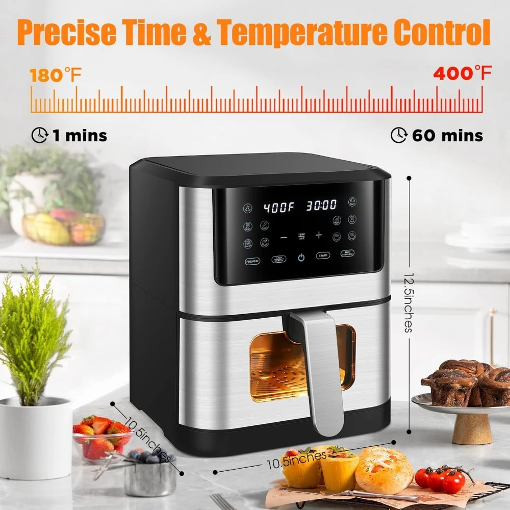 หม้อทอด Air fryer 6.2 QT พร้อม10 prenet, Visual Cooking window, ตะกร้า Non-Stick, เตาอบความจุ1500W หม้อทอด Air fryer S