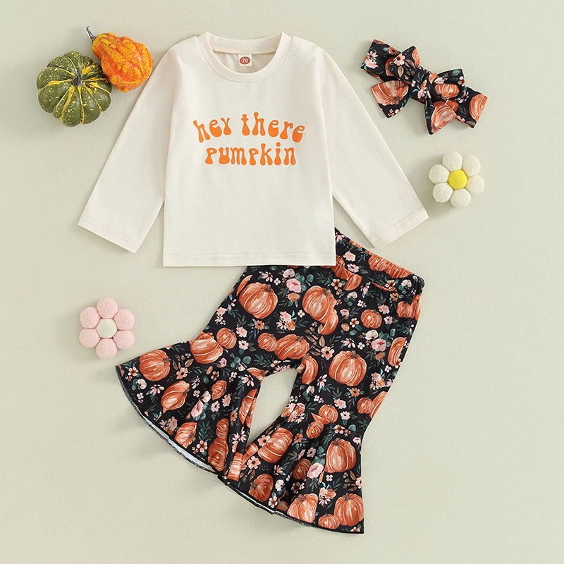 

Bbay Girls Halloween Outfit Long Sleeve Letter Print Top Pumpkin Print Flared Pants Headband Set for Girls