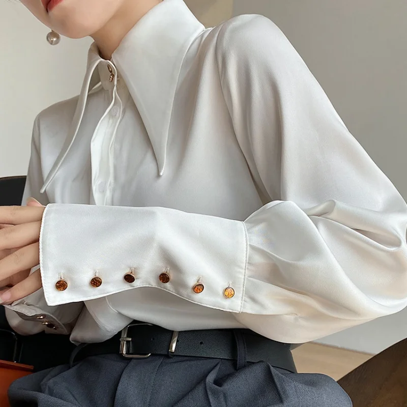 Vintage Turn Down Collar Shirts 2024 Fashion Office Lady Elegant Tops Long Sleeve Satin Blouses Autumn Casual Clothing