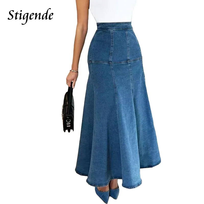 

Stigende Back Zipper Loose Denim a Line Skirts Women Patchwork Fit and Flare Long Swing Skirt