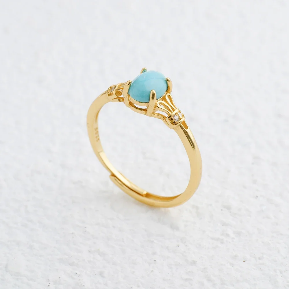 Natural Turquoise Ring 925 Silver K Gold Plated Adjustable Stackable Bands 7x5mm Oval December Birthstone Jewelry Boho Gift