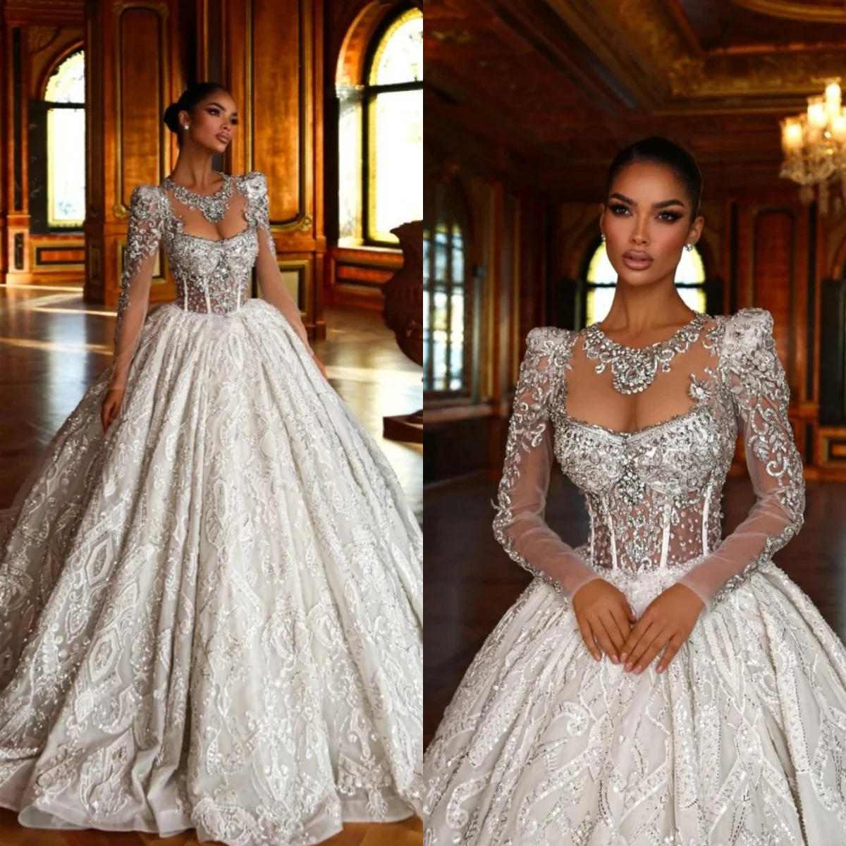 Роскошное свадебное платье с блестками, бальное платье, элегантное кружевное свадебное платье с бисером и длинным рукавом, индивидуальное платье de novia