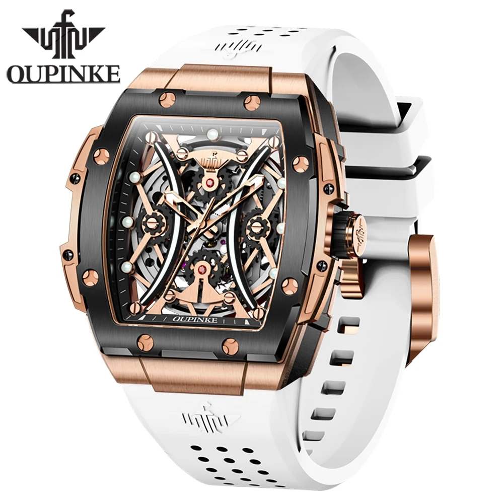 

OUPINKE Brand New Fashion Hollow Tonneau Mechanical Watch for Men Sport Silicone Strap Luxury Automatic Skeleton Watches Mens