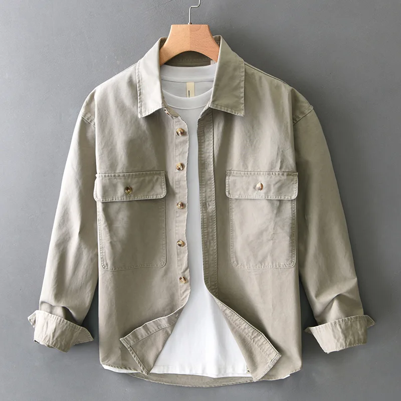 Vintage high-density twill heavy cotton cargo shirt men's spring and autumn new American shirt coat