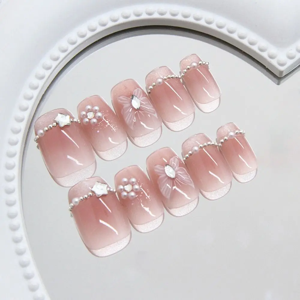 24 pçs manicure quadrado unhas falsas imprensa francesa em unhas brilhando olho de gato pérola corrente estrelas falso nials diy