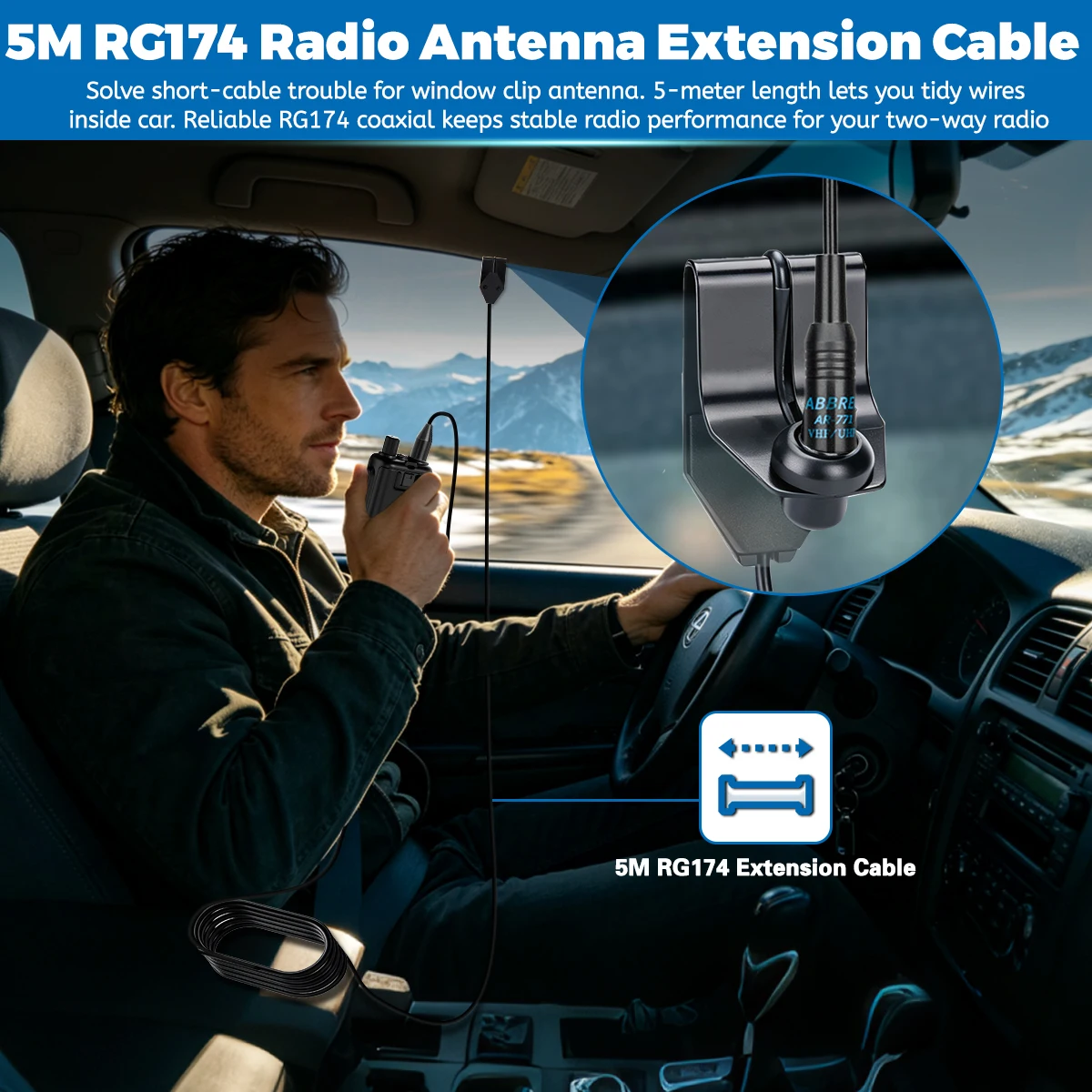 ABBREE Fensterclip-Antennenverlängerungskabel für Walkie-Talkies, kompatibel mit Baofeng UV-5R, Mini UV-32, Quansheng K5, Radtel RT-950 Pro. – Detail 4