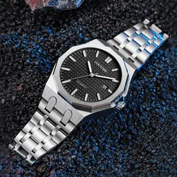 PINTIME Top Brand Fashion Men Quartz Watches 316L Stainless Steel Business Sleek Hollowed Dial Auto Quartz Business Watches