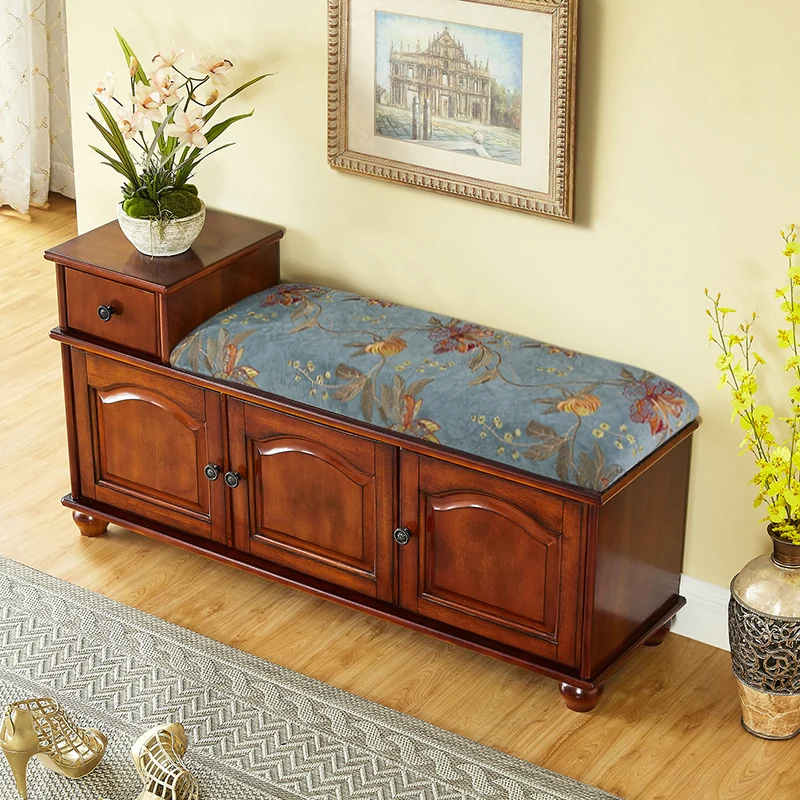 

American solid wood shoe change stool can sit at the door of the home, integrated shoe cabinet, soft bag seat cushion