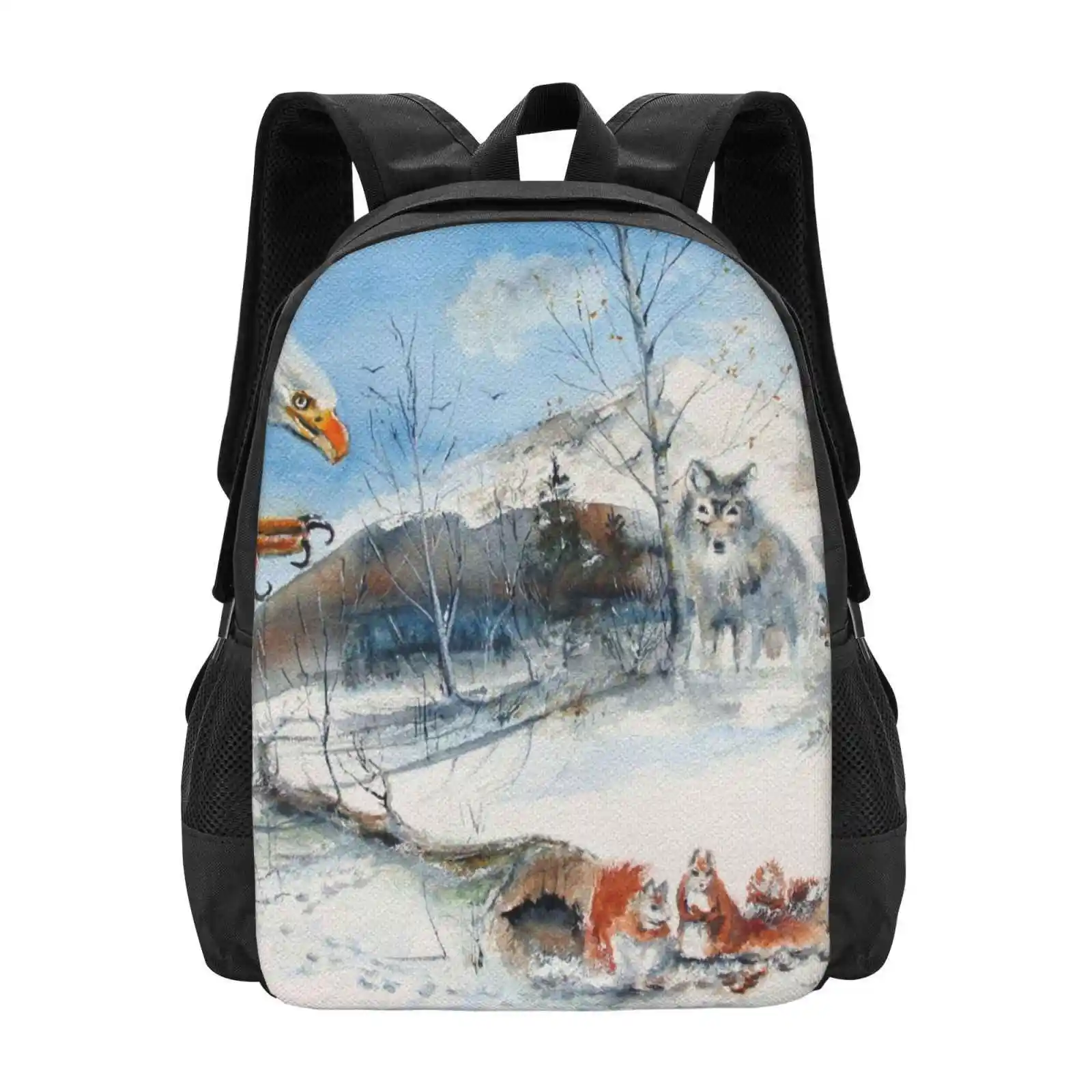 Exit Strategy !! Fashion Pattern Design Travel Laptop School Backpack Bag Watercolor Mountains Woves Squirrels Snow Trees