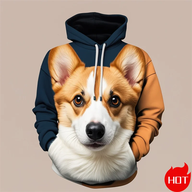 Vintage 3D Cute Animal Welsh Corgi Print New In Hoodies & Sweatshirts Fashion Corgi Lovers Streetwear Hooded Hoody Mens Clothing