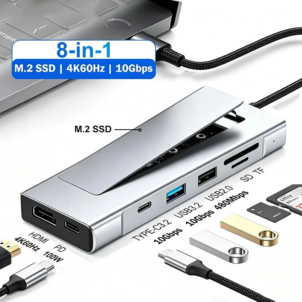 8-in-1 USB-C Hub M.2 SSD Enclosure Support NVME&SATA With 4K 30HZ HD PD 100W USB 3.2 SD/TF Reader For Macbook Laptop
