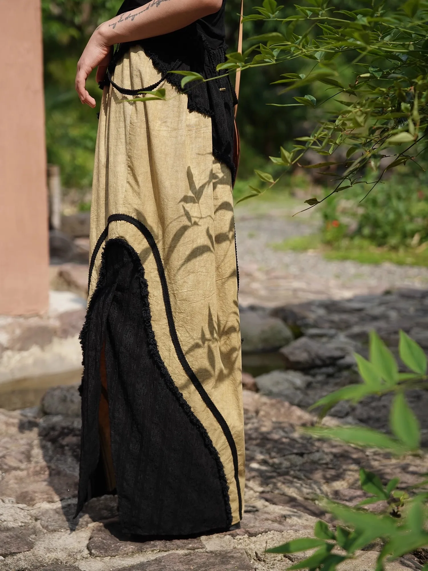 New Chinese Sle High Waist A-Line Skirt Bla Midi Dr Elastic Straight Patchwork Artistic Design Cotton Ci Commute