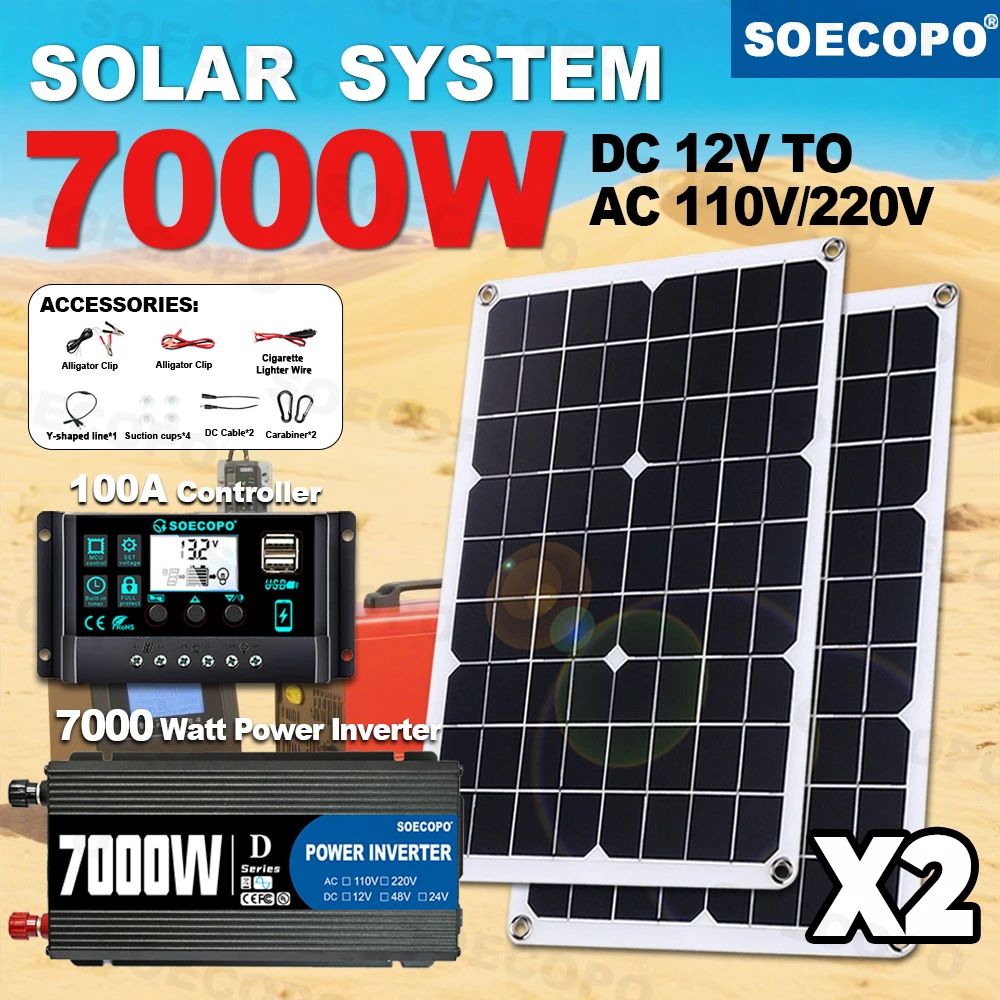

SOECOPO Long Lifespan 7000W Peak Solar Kit 2x500W Photovoltaic Panel 100A Controller Inverter Generator for Picnic Party beach