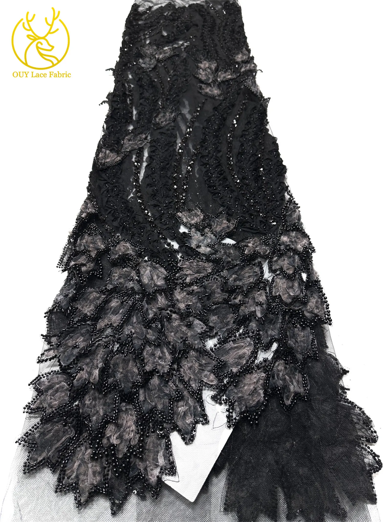 Französischer Luxus 3D-bestickter Perlen-Spitzenstoff, 5 Yards, eleganter afrikanischer nigerianischer Pailletten-Spitzenstoff für Damen, Hochzeits- und Partykleid – Detail 23
