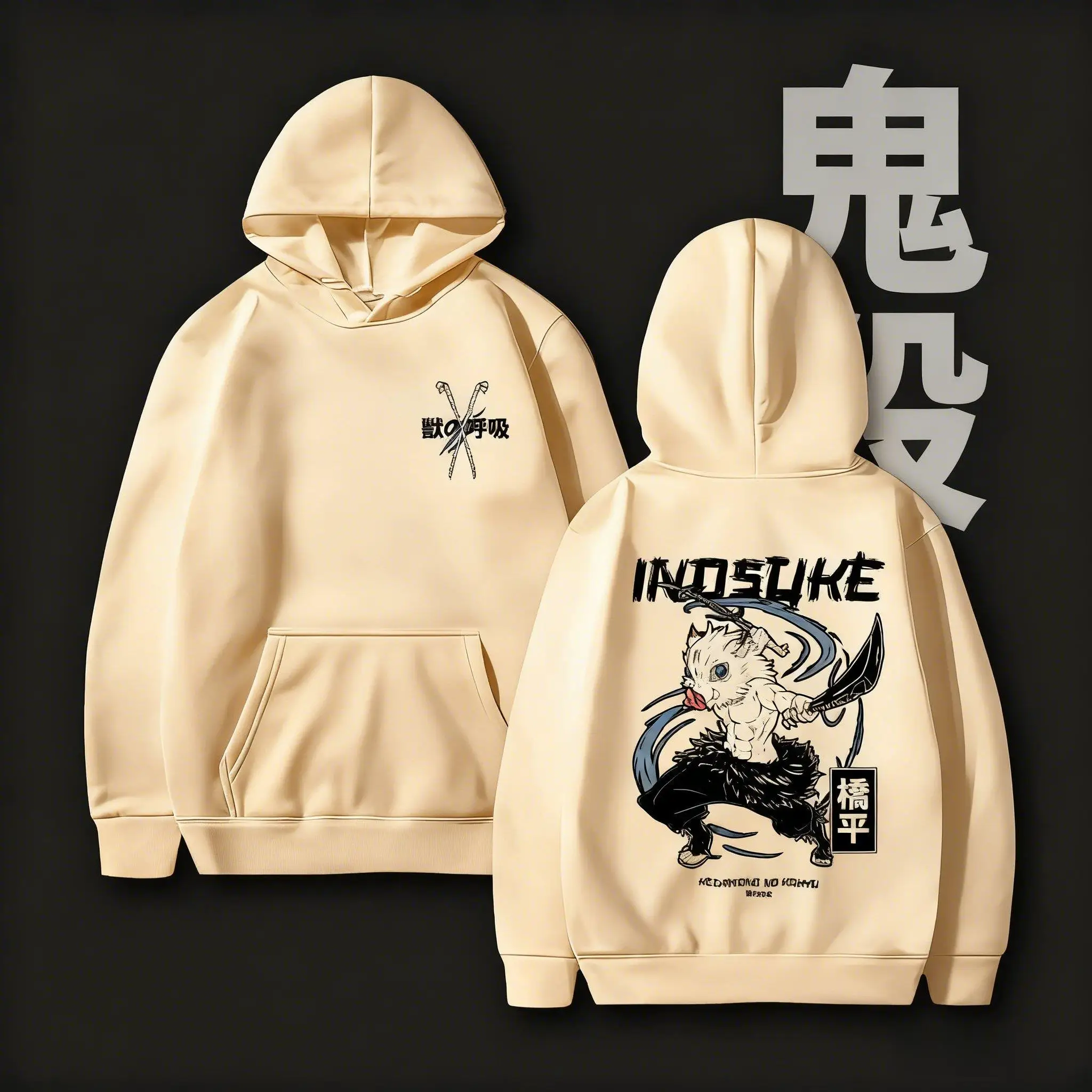 Demon Slayer Inosuke Felpa con cappuccio Anime Pullover Felpa Uomo Donna Unisex Casual Streetwear Autunno Inverno Felpe con cappuccio in cotone Cosplay
