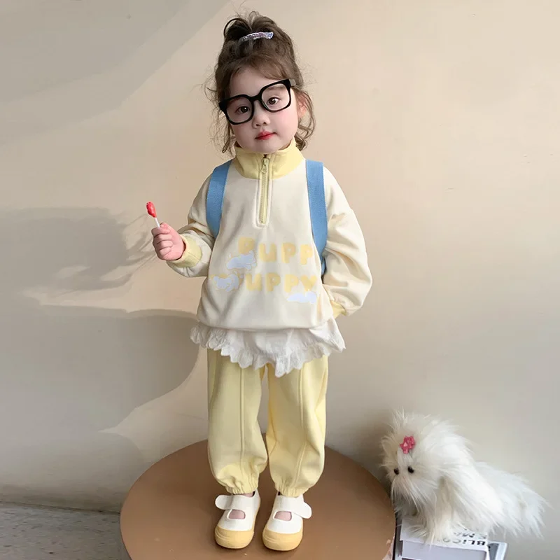 Girls Suit 2026 Autumn New Children's Clothing Korean Style Girl Baby Fashion Cute Standing Collar Hoodie Sports Two Piece Set