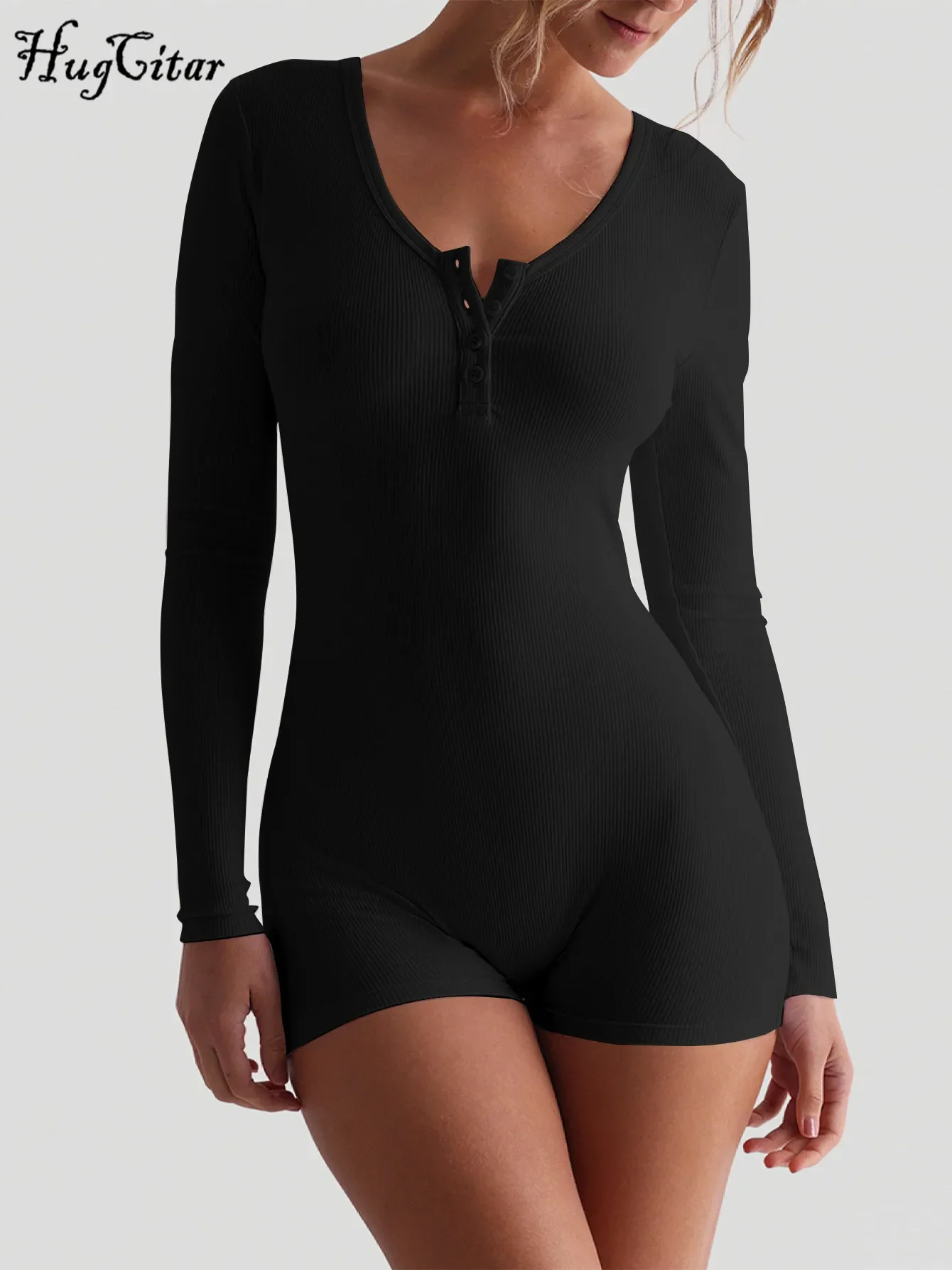 Hugcitar الربيع مضلع الصلبة ساحة طوق كم طويل أزرار مثير Bodycon نحيل Playsuit المرأة عادية رومبير الشارع الشهير الرياضة