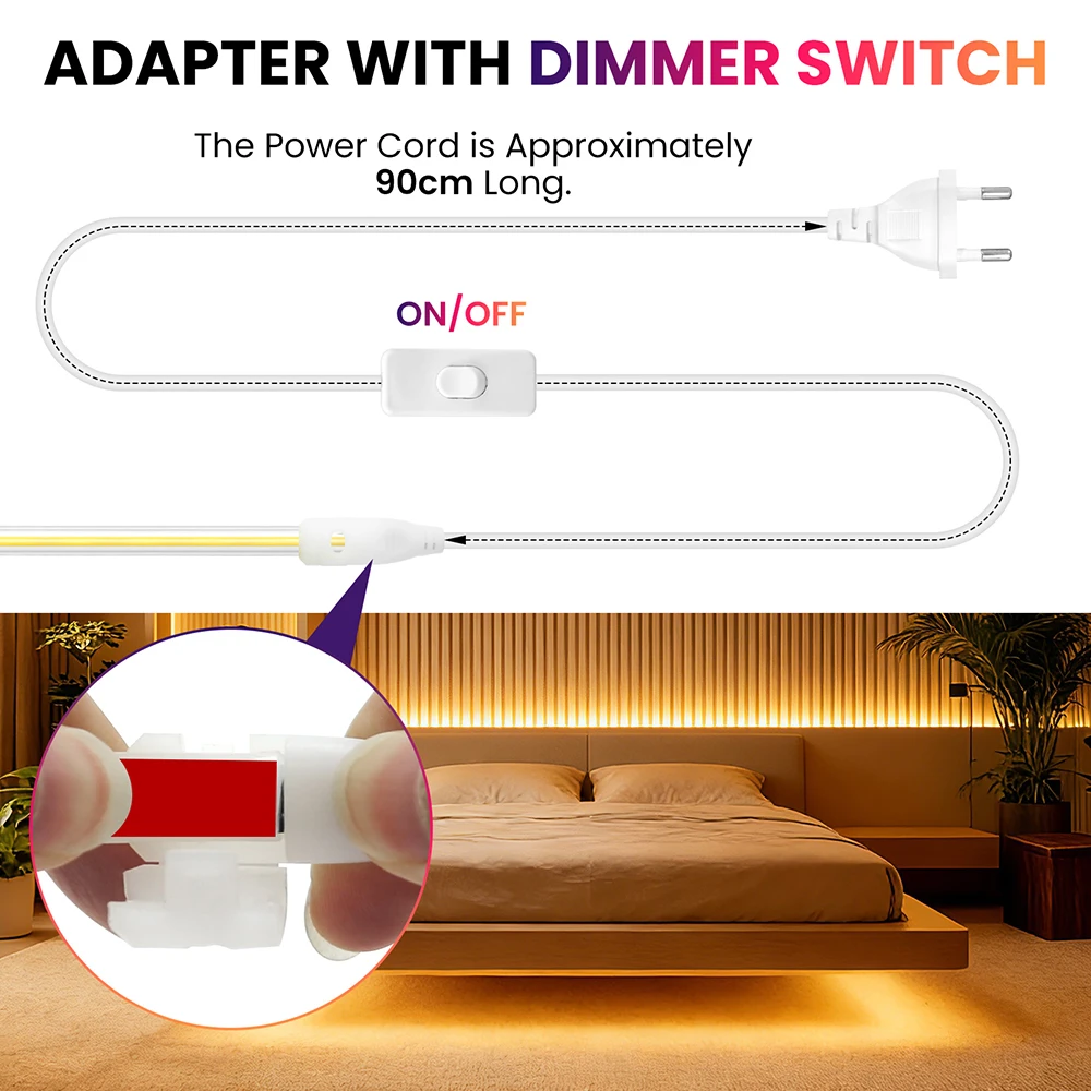 220V Switch COB LED Strip Light 5m 10m 20m 30m 40m Flexible Adahesive Tape 240LEDs/m AC220V EU Power Plug Kit Home Lighting 0.5m
