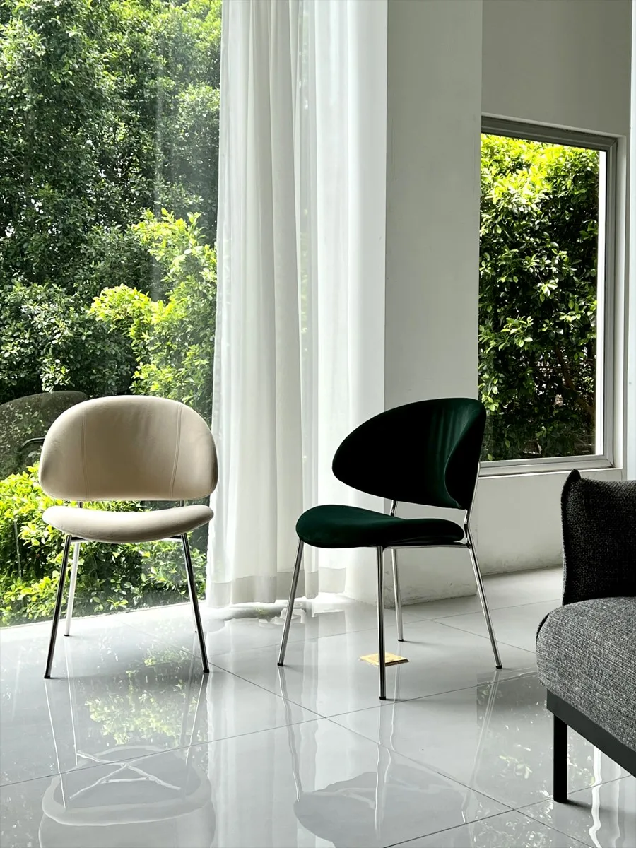 

French retro back dining chair soft cream dark green light luxury metal home office Nordic leisure