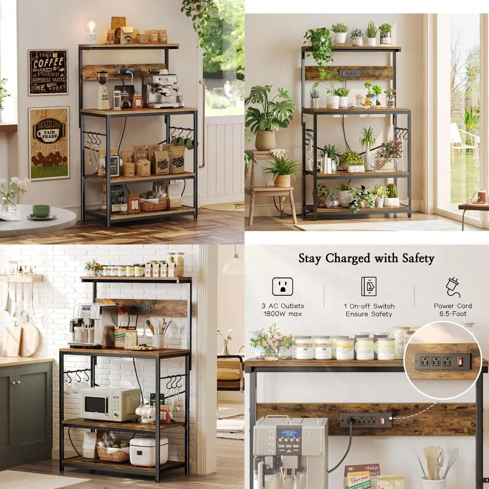 

Кухонная полка для хранения с розетками, подставка для микроволновки, 31,5 x 16,5, регулируемая полка, 6 крючков, подставка для кофейного уголка, цвет: рустик-коричневый