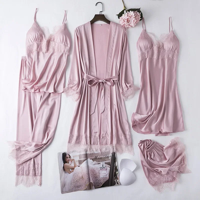 White Silk Pajamas Set Women 5PCS Bride Wedding Robe Nightgown Sexy Lace Chemise Sleepwear Kimono Bathrobe Gown Lingerie