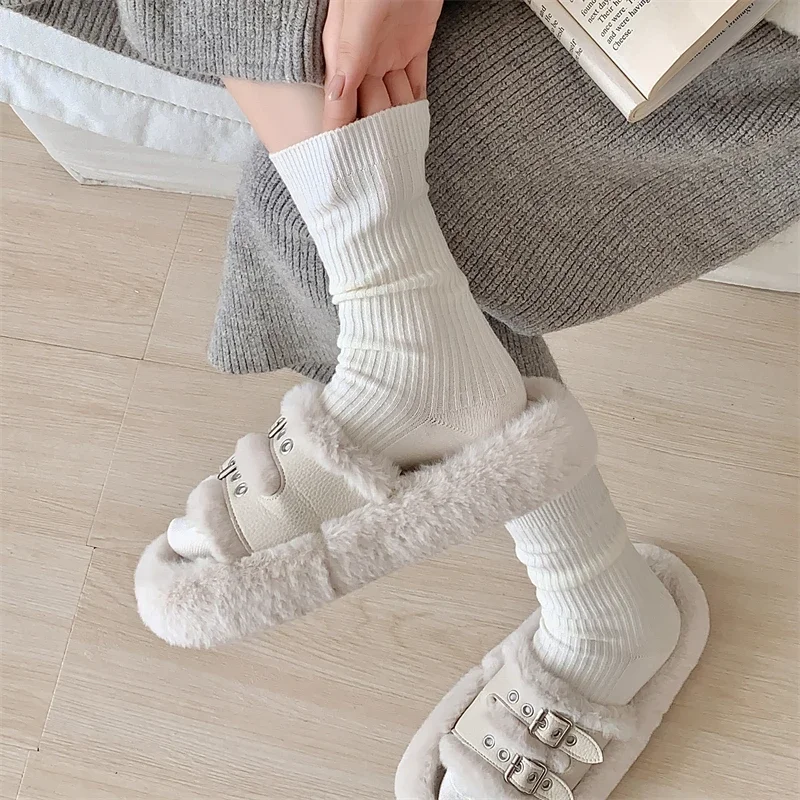 Retro Women Socks Japanese Style Autumn New Solid Color Warm Home Simple Crew Socks Girls Breathable Casual Striped Loose Socks