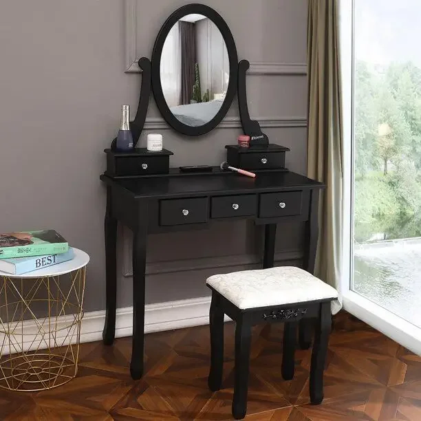 Black Vanity Dressing Table Set With Mirror Stool 5 Drawers Makeup Desk Bedroom