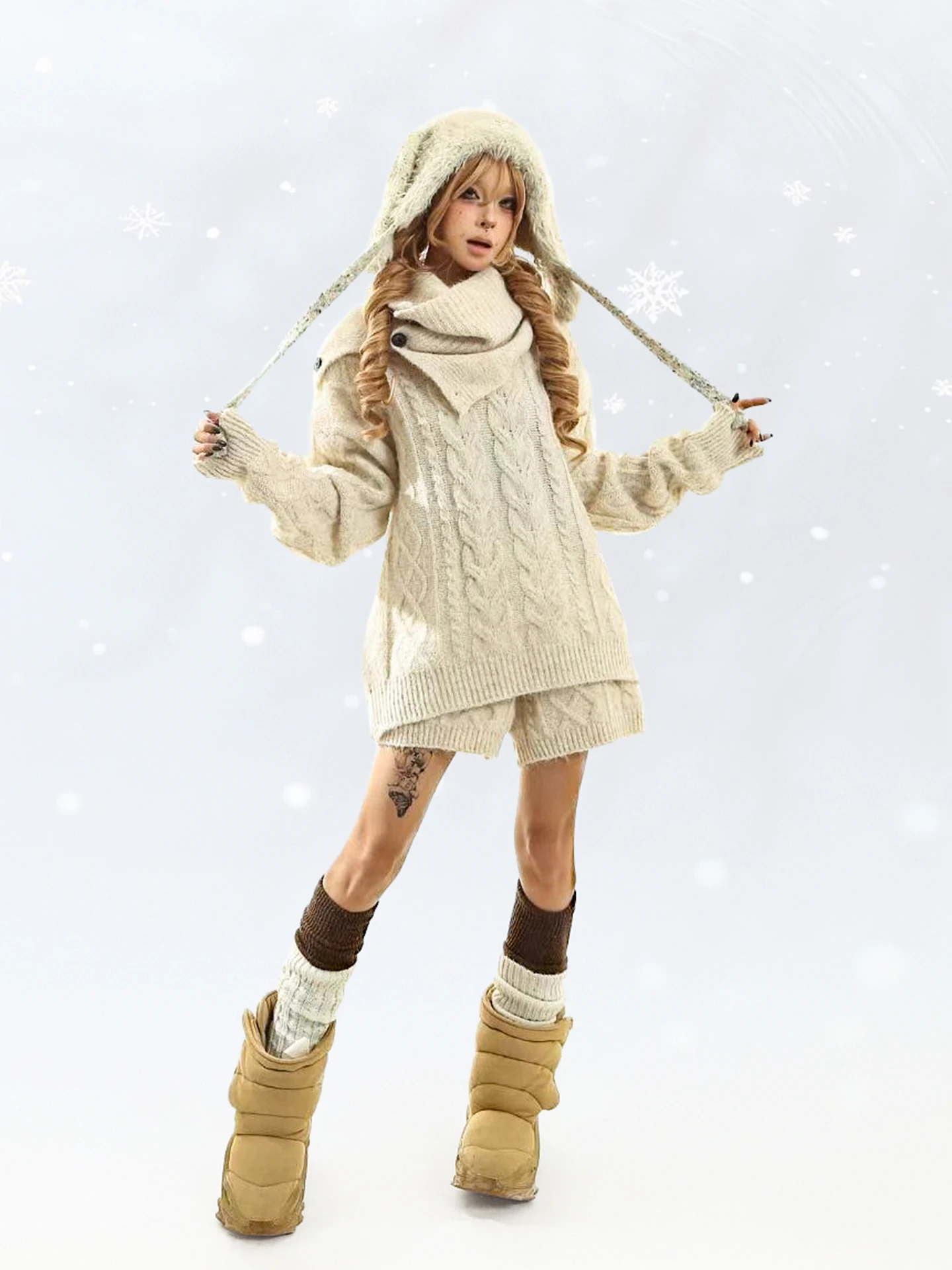 

Retro Sle Bubble Pine Lazy Twist Knitted Sweater Set Women's Scarf Included Cotton Blend Long Sve Moisture ng