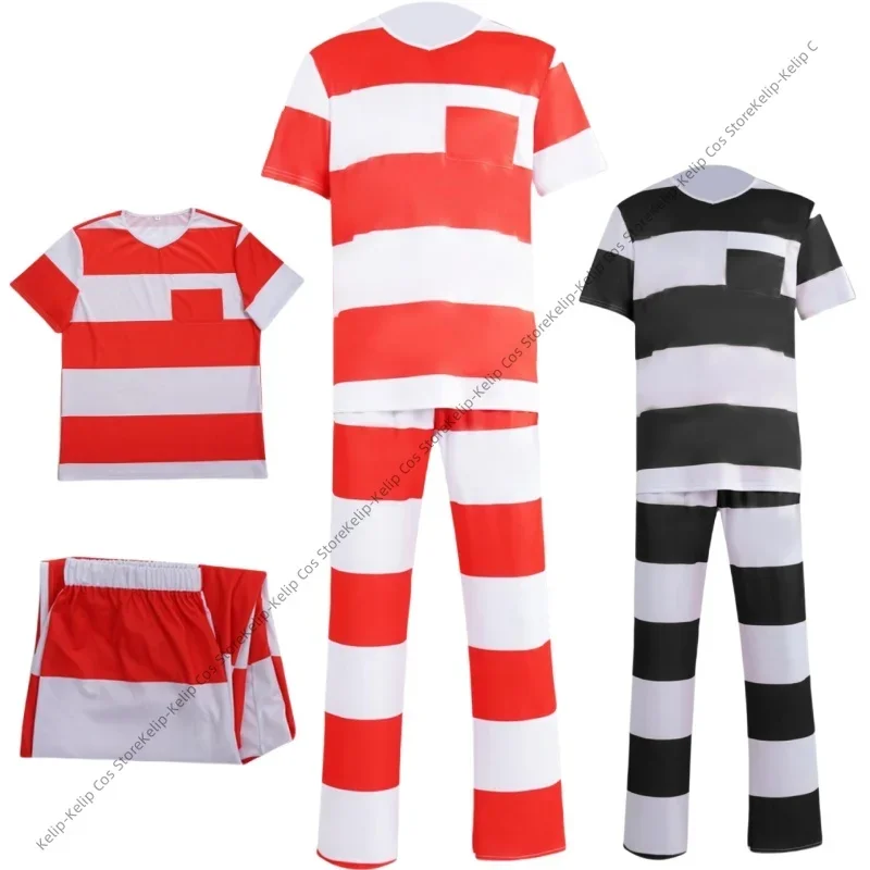 Nuovo costume da prigioniero da uomo uniforme Halloween Guilty Prigioniero imposta camicia a maniche corte a righe top pantaloni Jailbird Convict Outfits