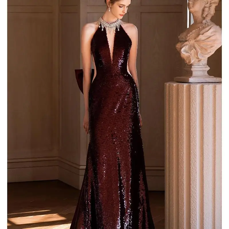 

iny Sequin Wedding Dr Long Evening Gown Heavy Embroidery Fi Tail Sle for Engagement Par Banquet Faionable Women'...