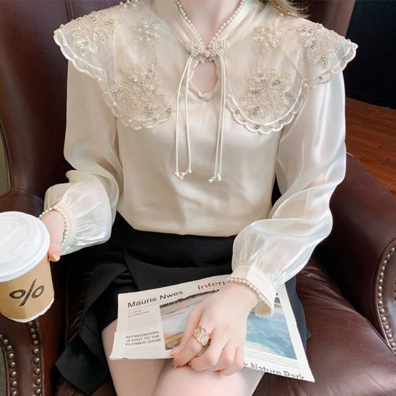 Spring Autumn Stand Collar Vintage Beading Diamons Elegant Fashion Shirt Ladies Long Sleeve 3D Embroidery Satin Blouse Top Women