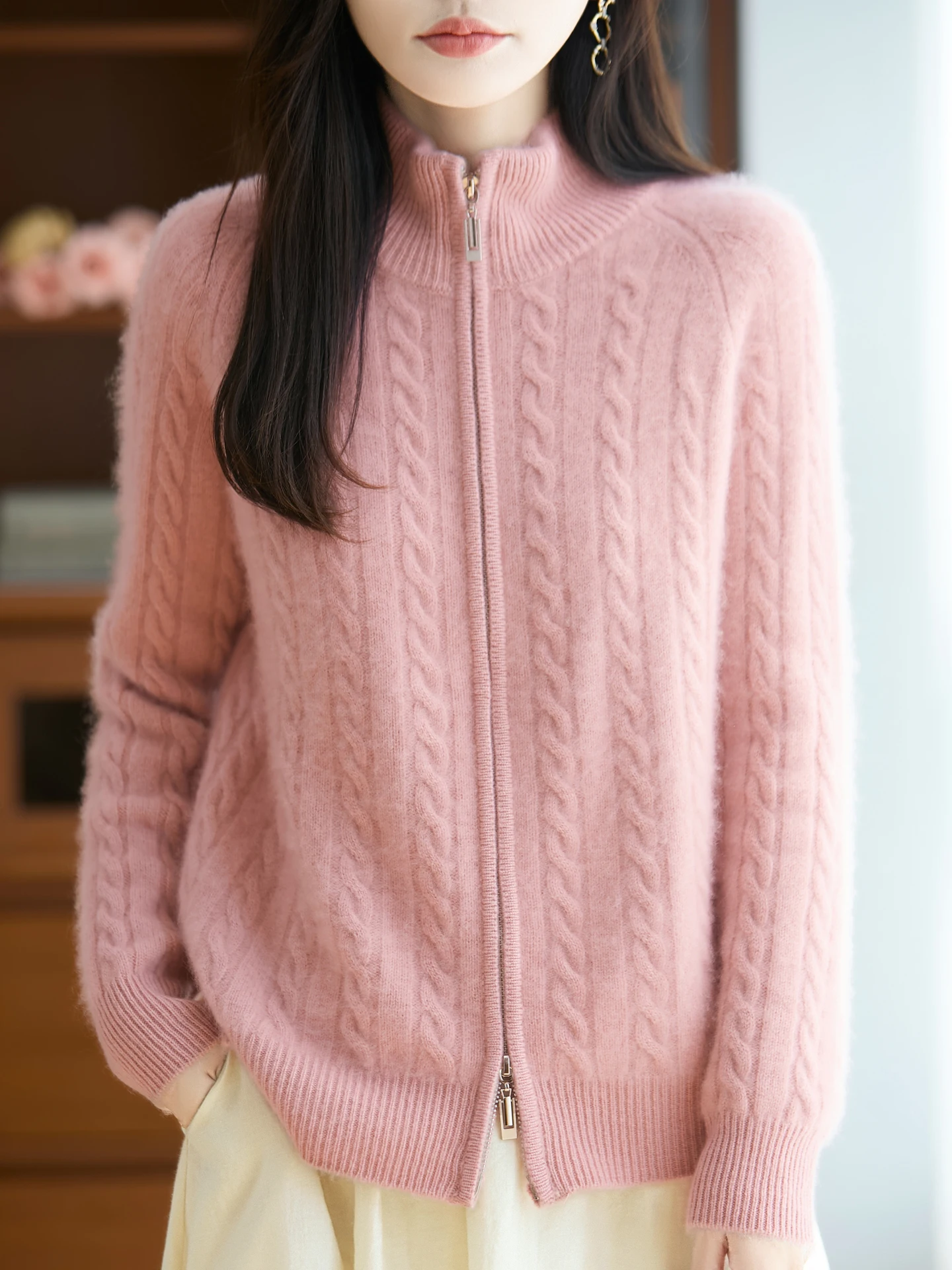 

TLOML Women's 100% Merino Wool knitwear Mock Neck Double Zipper Cable Knit Cardigan Autumn Winter Cashaeater Thicken Tops