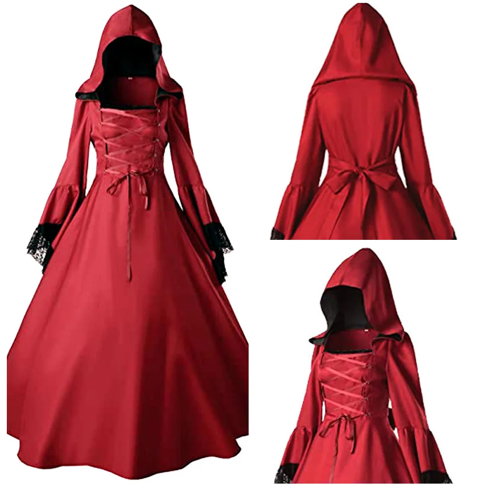 Disfraz de Medival gótico renacentista para mujer, vestido largo rojo con capucha, mono Retro, trajes, traje de fiesta de Halloween