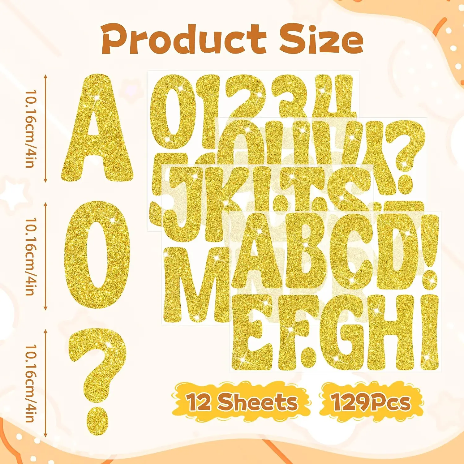12 Sheets 4 Inch Glitter Gold Bulletin Board Alphabet & Number Stickers, Large Self‑Adhesive Letter Stickers for Poster Board